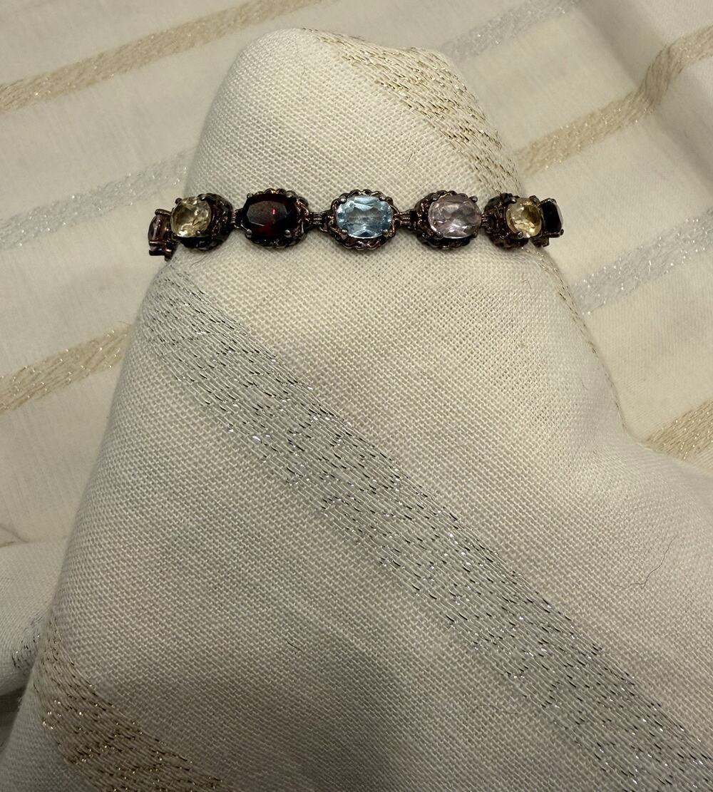 925 Thailand Sterling Silver Multi Color Gemstone Tennis Bracelet Vintage 8” 18g